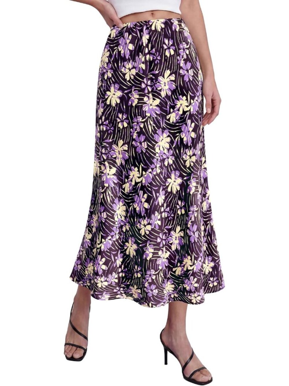 Women Floral Black Purple High Waisted A-Line Silky Flowy Bias Cut Midi Skirt